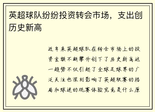 英超球队纷纷投资转会市场，支出创历史新高